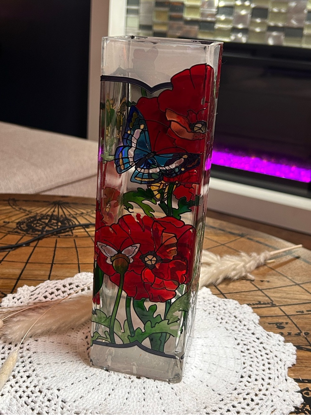 Vintage Hand Painted Glass Vase | Poppies, Butterflies, Handpainted
